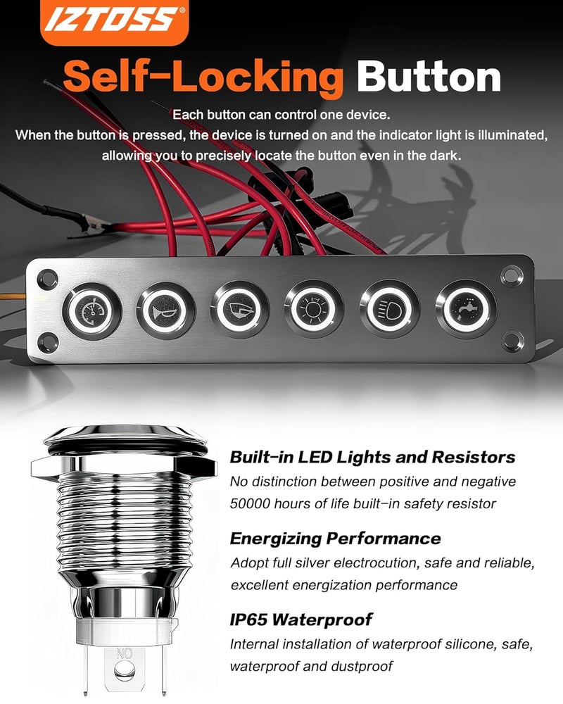 IZTOSS 6 Gang Aluminum Marine Rocker Switch Panel - Pre-Wired with White LED Indicator, 12-24 V Multi-Function Rocker Switch - Ideal for Marine motorhomes, Yachts - Image 2